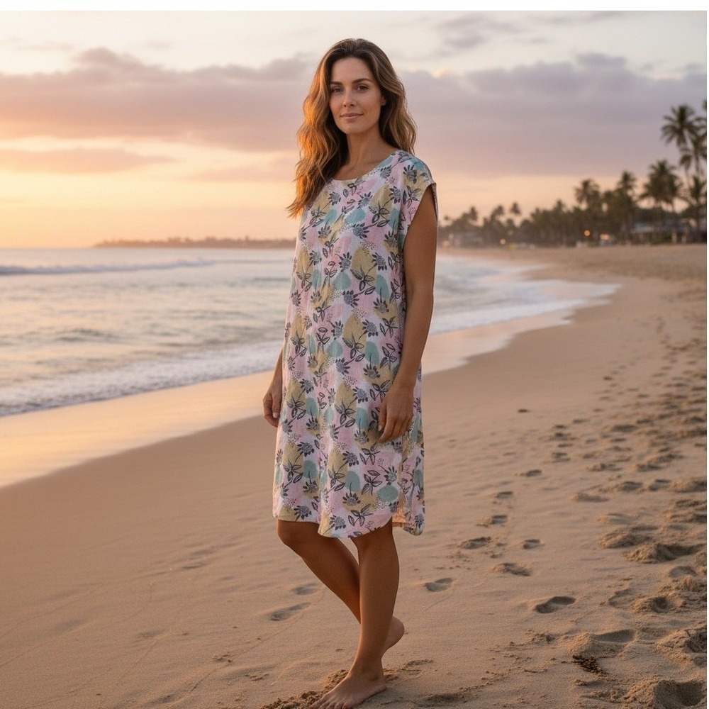 Garnet Hill 100% Linen Floral Print Shift Dress Pink Yellow Blue Womens Medium